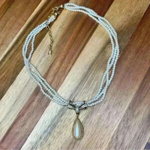 1928 Jewelry | Vintage Three Strand Necklace with Faux Pearls & Crystals Pendant
